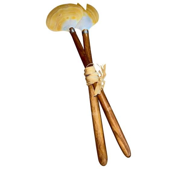 Salad Server Fork Spoon Tongs Natural Iridescent Capiz Mother of Pearl Seashell - Picture 4 of 8